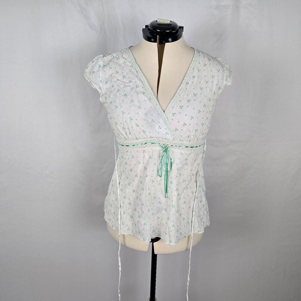 Gemini Blouse Women's XL White Green Floral Embordering Front & Back Ties Wrap